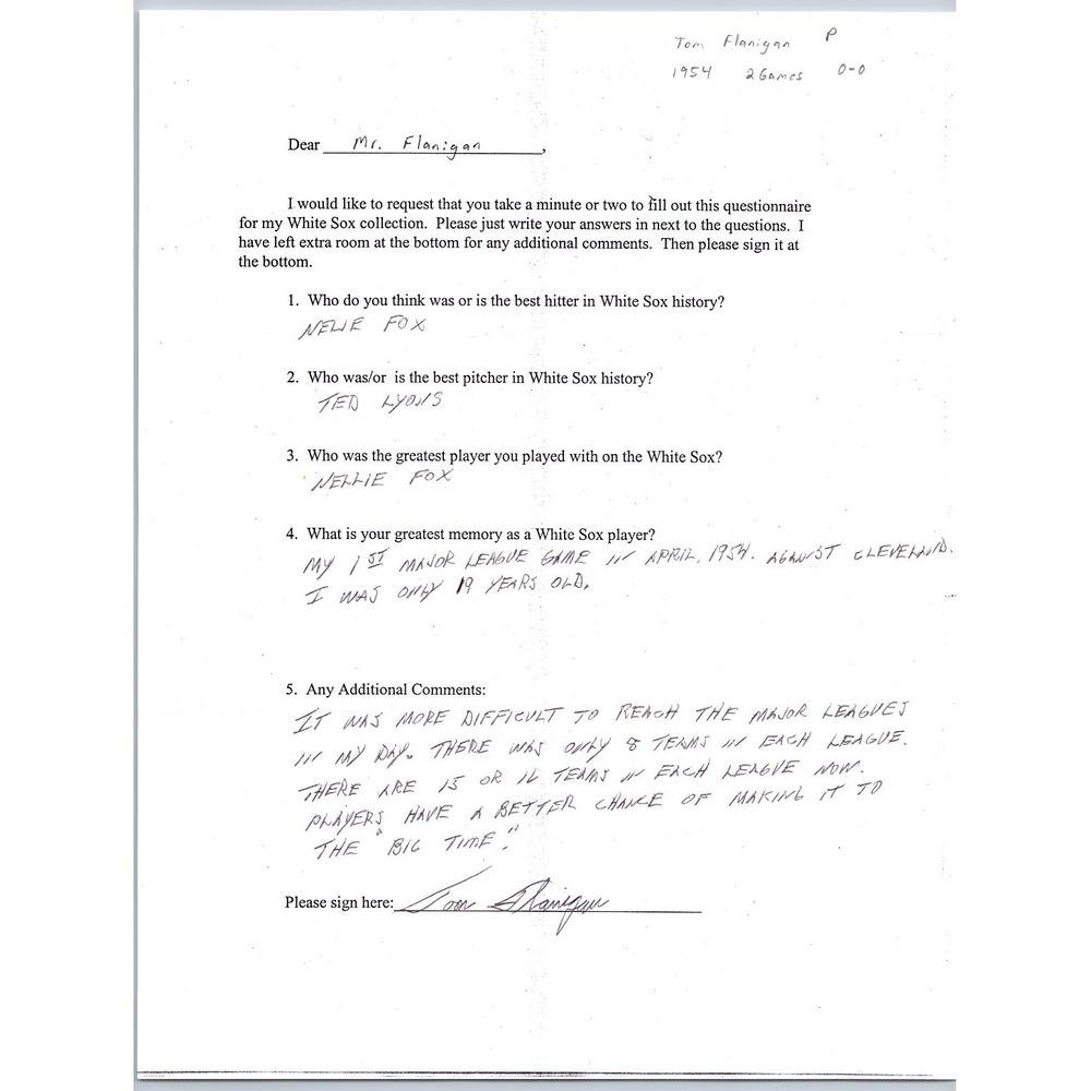 Tom Flanagan Autograph Signed White Sox Questionnaire Pitcher 1954 MLB
